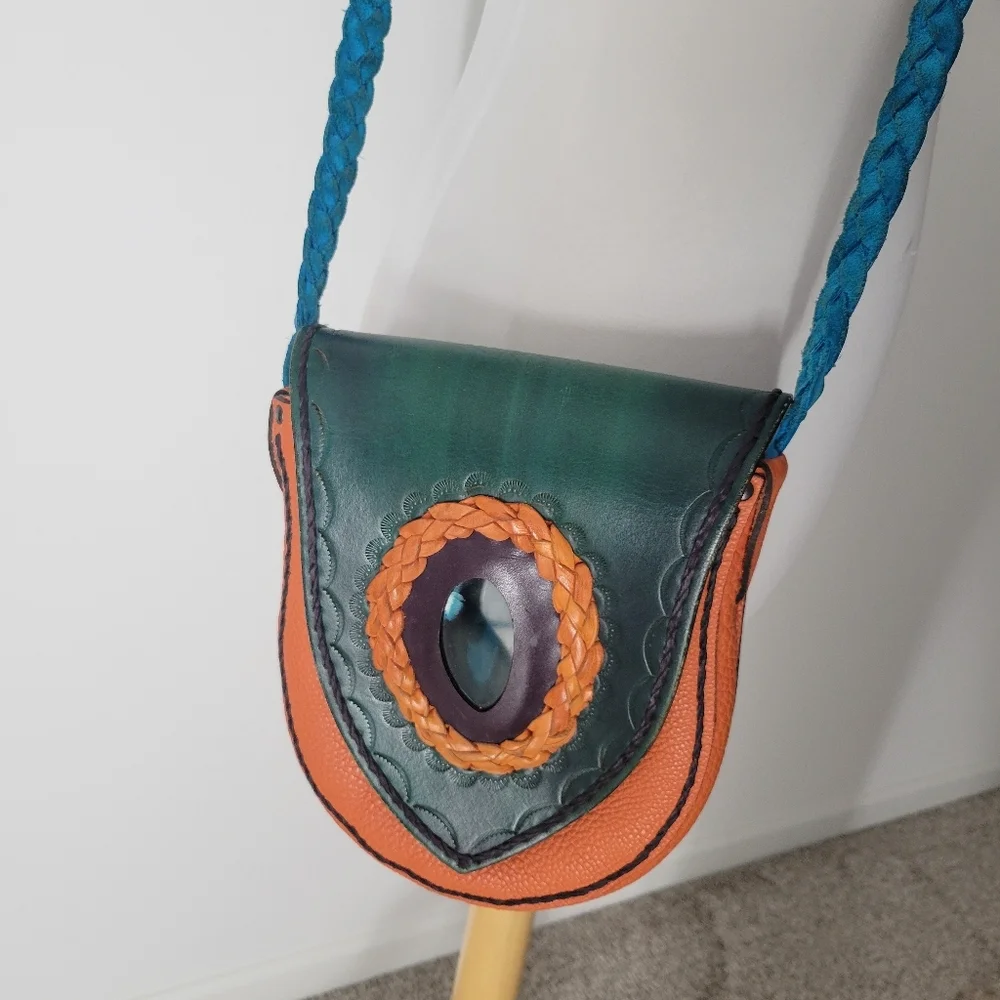 WILDERNESS Multicolor Leather Crystal Gypsy Boho Hippie‎ Festival Crossbody Bag